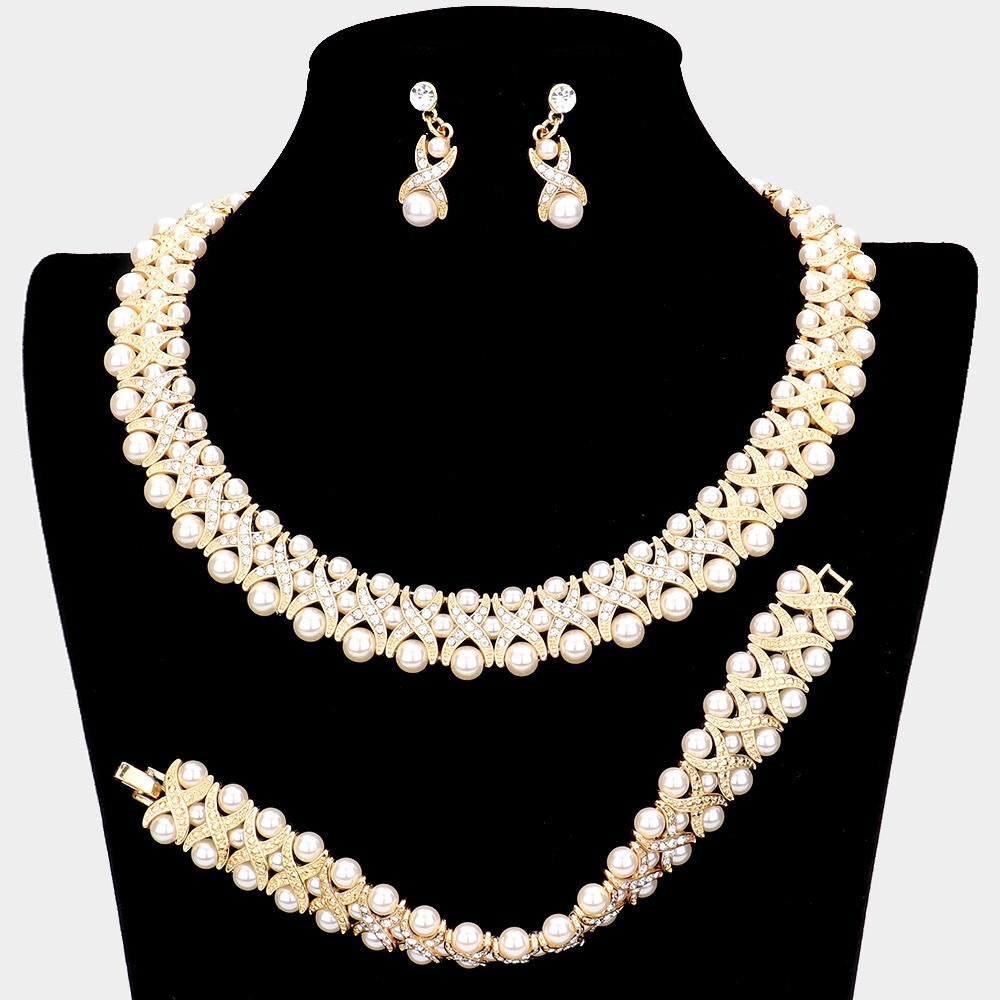 3 Rows of Pearl Crystal Rhinestone Statement Necklace Jewelry Set